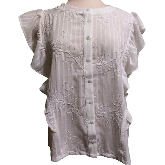 NWT Voy White Floral Embroidered Sleeveless Ruffle Button-Up Blouse Size Large - Picture 9 of 9